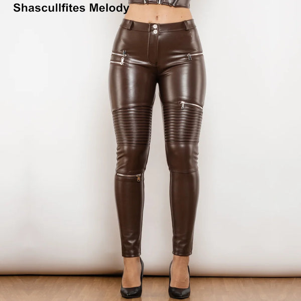 Women's Motorcycle Faux Leather Pants - Mid Waist Skinny Ankle-Length with Multi-Zipper Detail | Sexy Streetwear