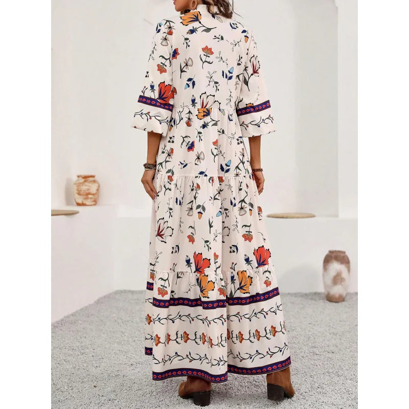 Boho Floral Lantern Sleeve Maxi Dress | V-Neck Ankle-Length Summer Dress with Sash Detail - Beach Cover Up & Vacation Outfit