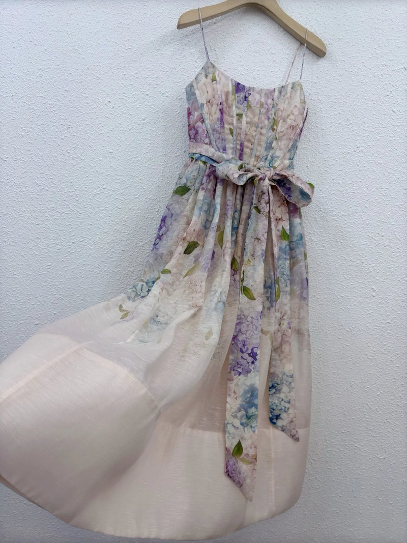 Bohemian Floral Print Midi Dress - Women's Spaghetti Strap Summer Dress with Lace-Up Back (Hemp Blend)