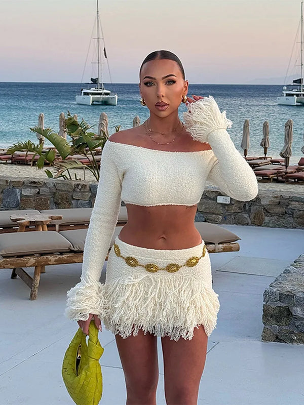 Women’s Off-Shoulder Tassel-Knit Long-Sleeve Crop Top & High-Waist Mini Skirt Two-Piece Beach Set