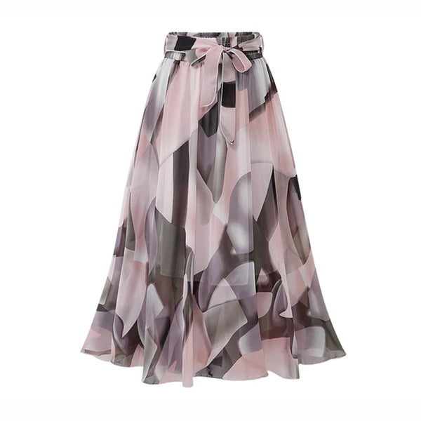 Plus Size Floral Midi Skirt | Adjustable Length Chiffon Skirt | Boho A-Line Beach Skirt with Belt