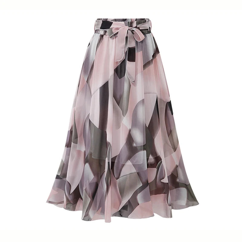 Plus Size Floral Midi Skirt | Adjustable Length Chiffon Skirt | Boho A-Line Beach Skirt with Belt