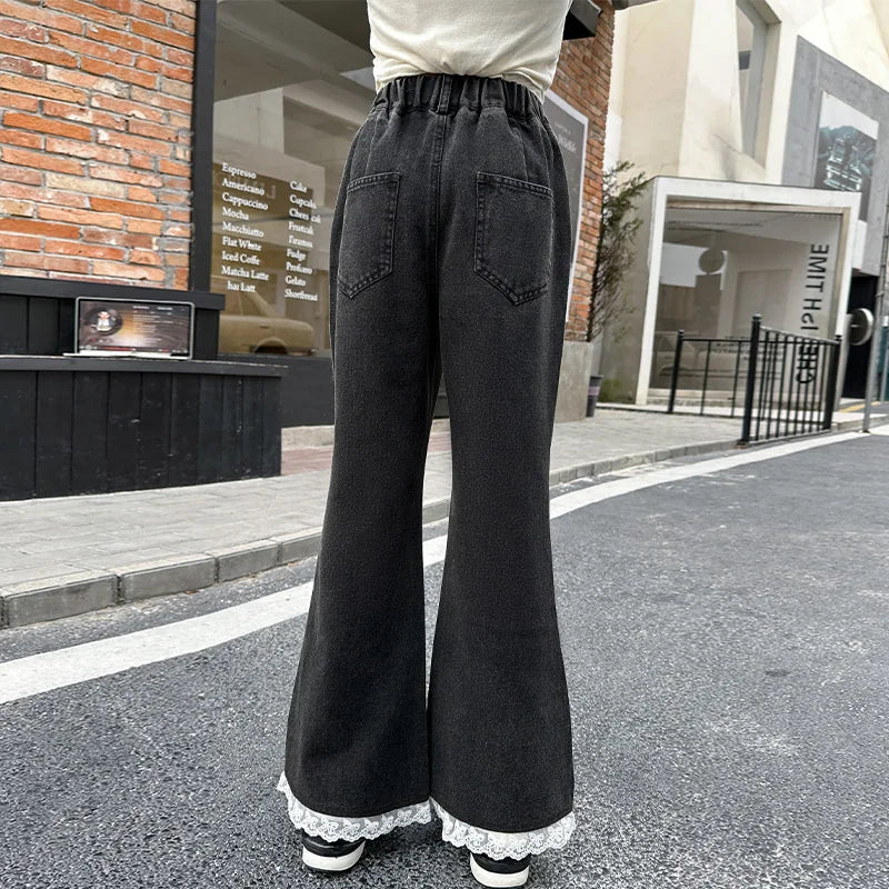 Girls' Black Flared Jeans | Vintage Wash Bootcut Denim | Stretch Cotton Kids Pants