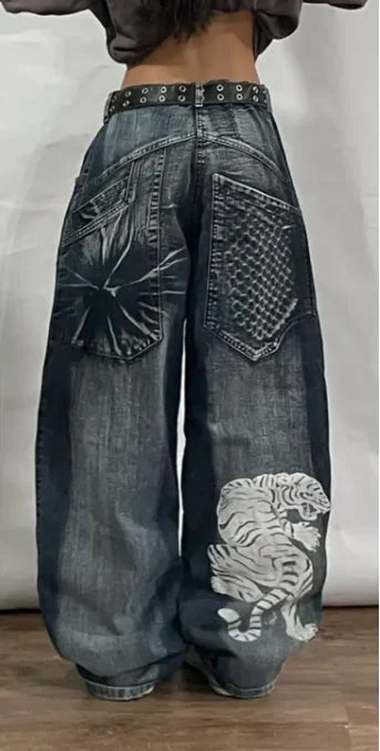 Dragon Embroidered Wide-Leg Jeans | Women's Harajuku Streetwear | High-Waisted Hip-Hop Pants