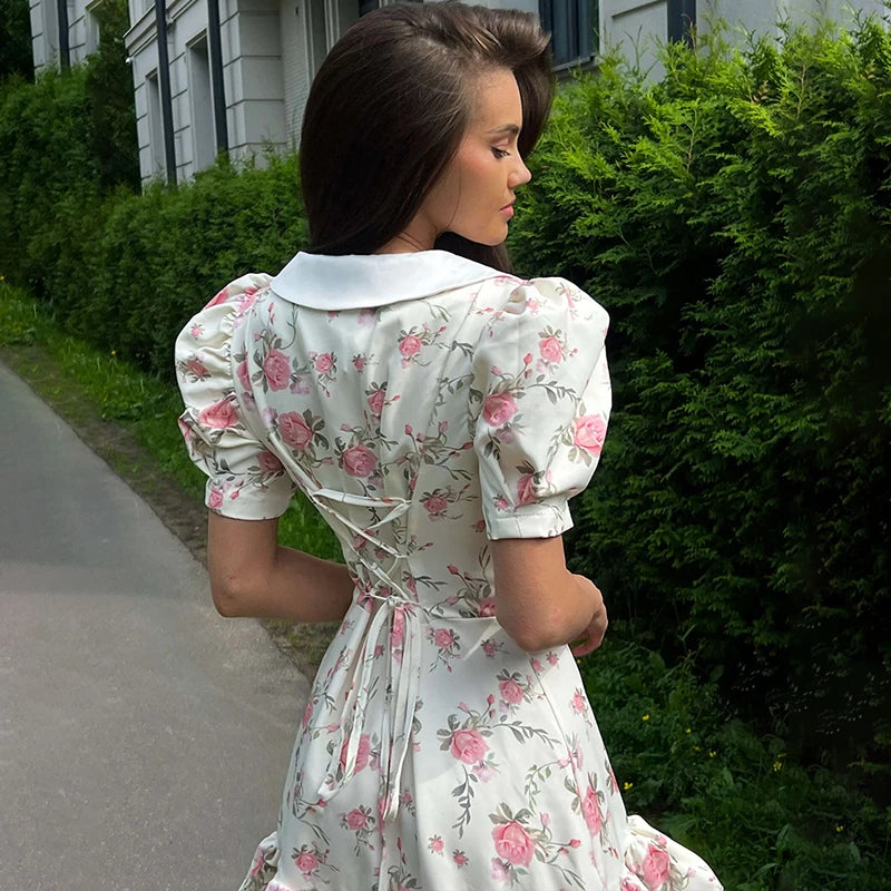 Puff Sleeve Mini Dress | Floral Print V-Neck Dress with Pearl Buttons - Women's Ruffled Vacation Dress