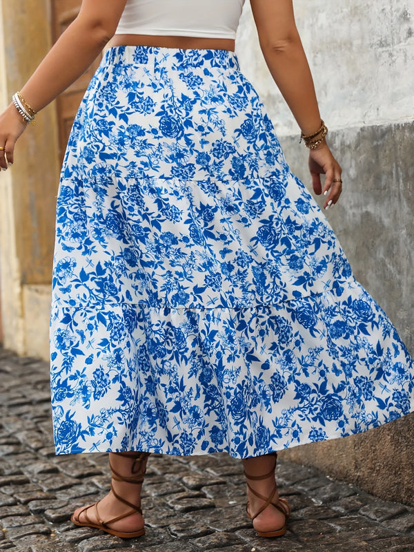 Plus Size Floral Midi Skirt | High-Waist Vintage A-Line | Lightweight Polyester Maxi Skirt