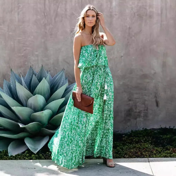 Boho Print Maxi Dress: Off-Shoulder Chiffon A-Line Dress with Ruffle Split & Chest Wrap