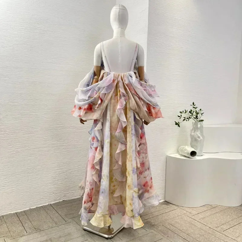 Women's Linen-Silk Maxi Dress | Floral Off-Shoulder Beach Dress with Backless Detail