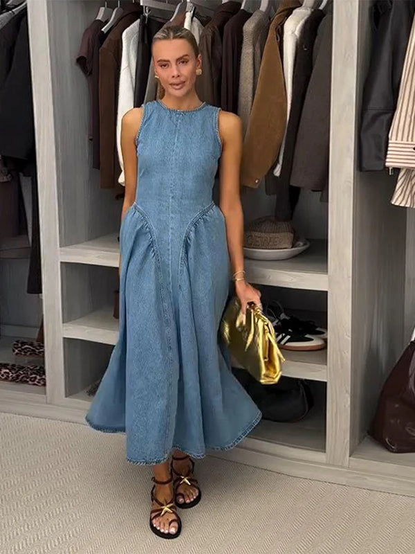 Vintage Washed Women's Denim Maxi Dress | Backless Sleeveless X-Silhouette | Summer Beach & Streetwear (Spring 2025)