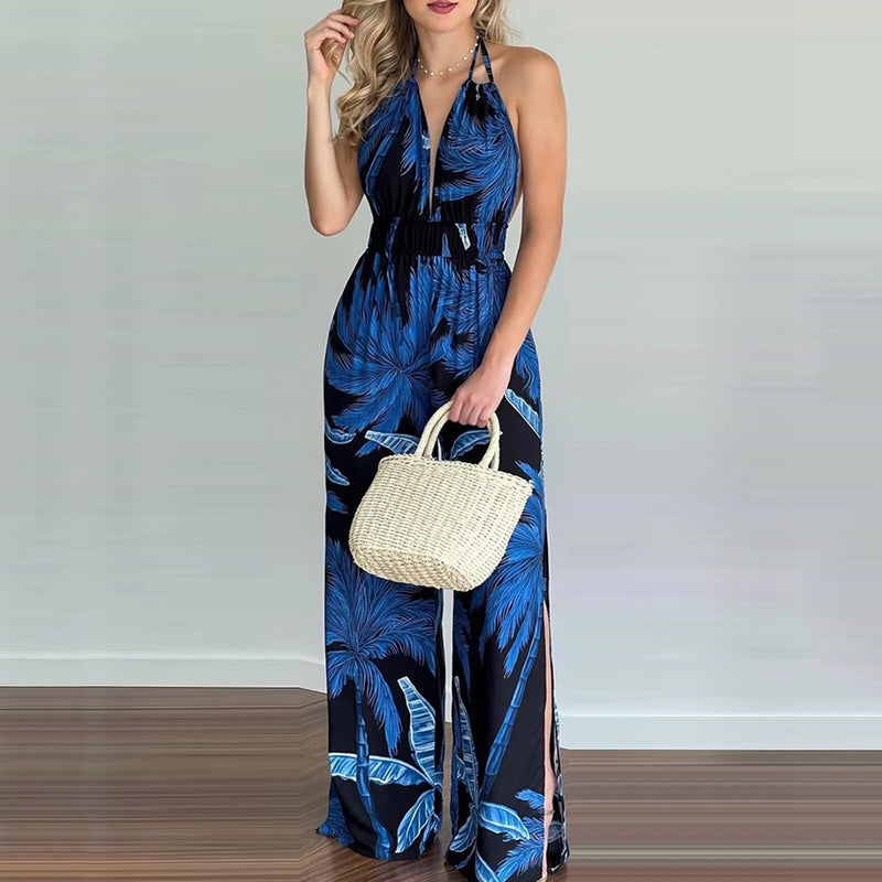 Floral Backless Beach Romper: Sleeveless Vacation Jumpsuit with Adjustable Fit
