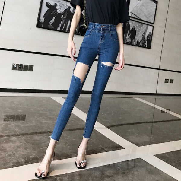 Women's Harajuku Skinny Jeans | Vintage High-Waisted Ripped Ankle Trousers | Stretch Cropped Pencil Pants