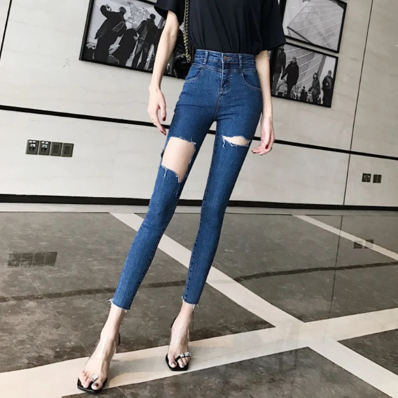 Women's Harajuku Skinny Jeans | Vintage High-Waisted Ripped Ankle Trousers | Stretch Cropped Pencil Pants