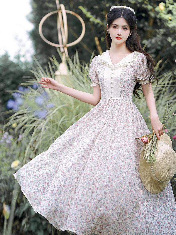 French Prairie Dress | Floral Lace Trim Puff Sleeve Dress - Women's Empire Waist Midi Dress for Garden Parties