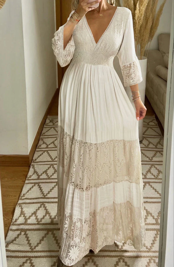 Boho Maxi Dress with Crochet Lace & Floral Embroidery | Split Hem Beach Cover-Up Dress for Women