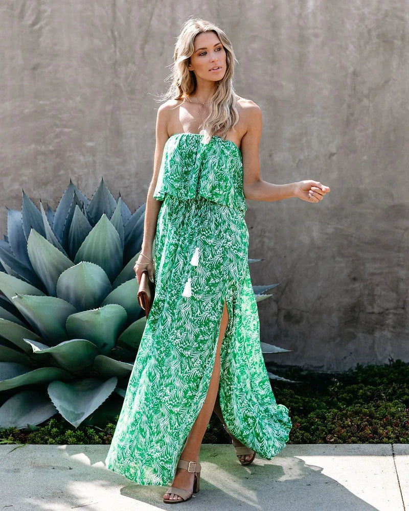 Boho Print Maxi Dress: Off-Shoulder Chiffon A-Line Dress with Ruffle Split & Chest Wrap