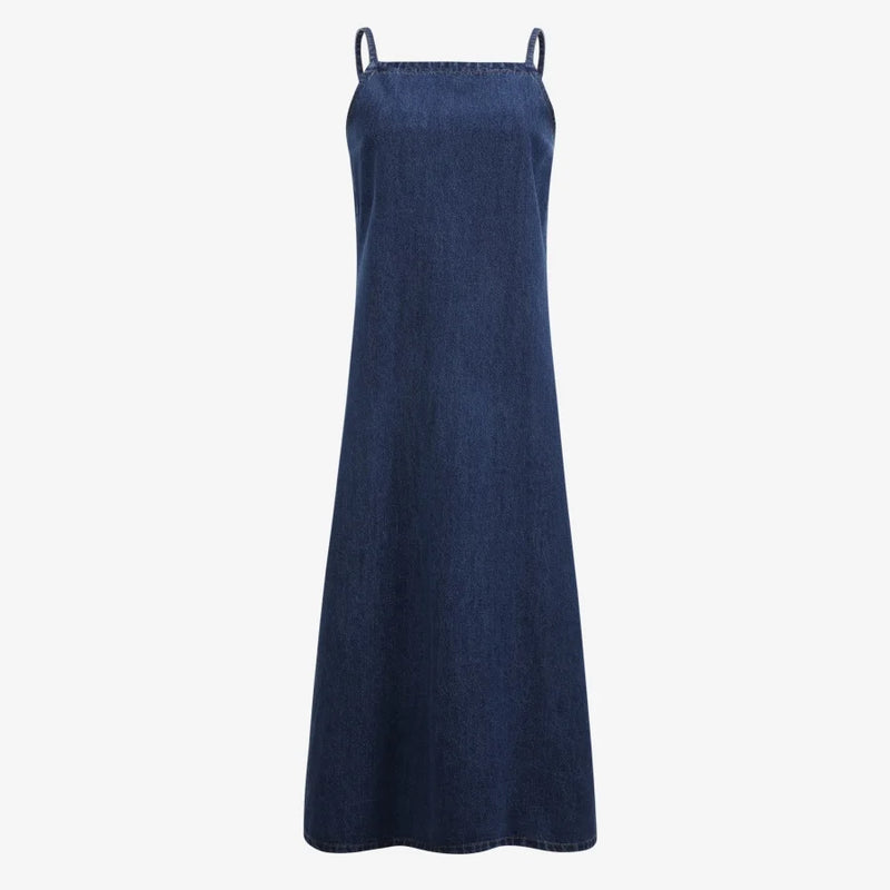 Adjustable Strap Denim Jumper Dress - Women's Vintage Overalls Style Ankle-Length Dress with Slash Neck