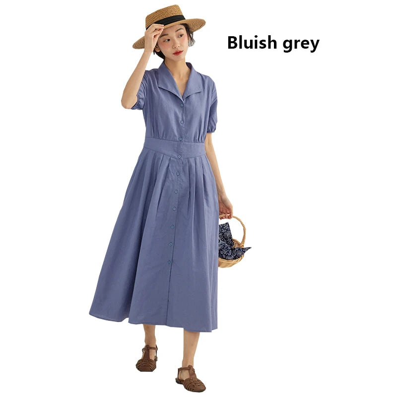 Vintage Linen Midi Dress | Elegant Lapel Collar Dress with Lantern Sleeves - Women's Single-Breasted Summer Dress
