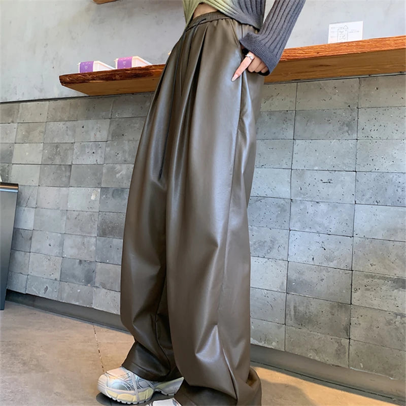 Women's Vintage PU Leather Pants | High Waist Wide-Leg Trousers | Adjustable Lace-Up Waist + Pockets