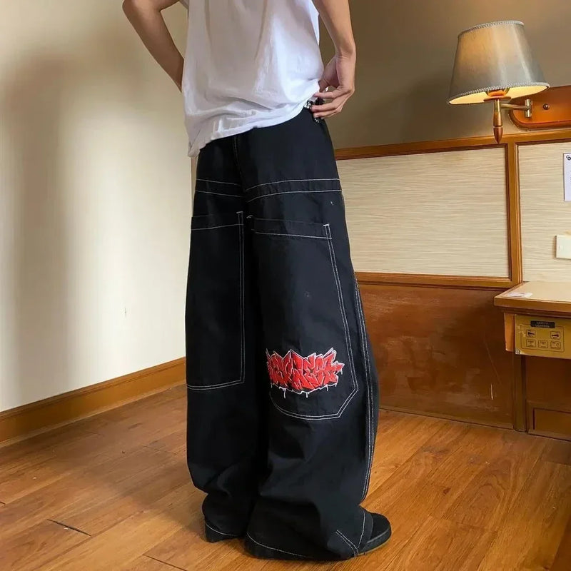 Dragon Embroidered Wide-Leg Jeans | Women's Harajuku Streetwear | High-Waisted Hip-Hop Pants