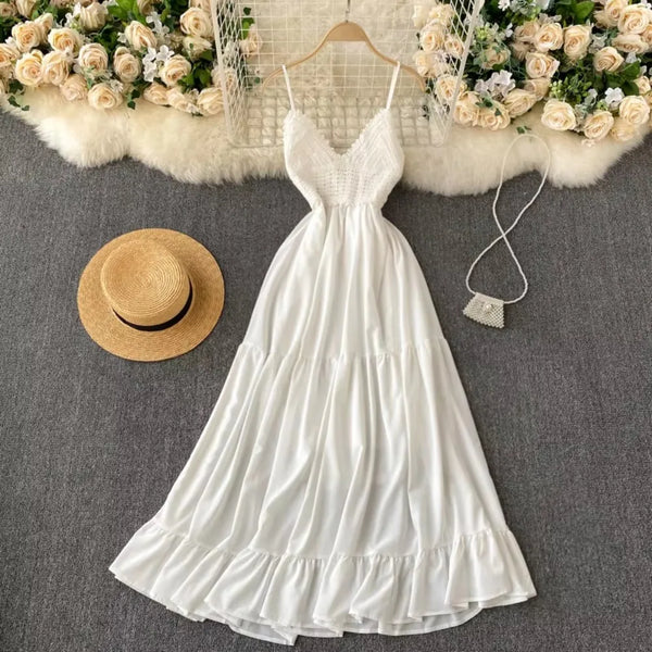 Backless Crochet Sundress | Bandage A-Line Beach Dress with Ruffle Detail - Women's Summer Boho Vacation Dress