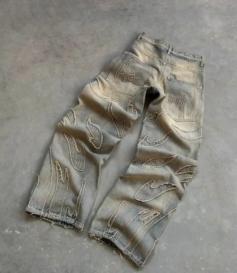 Gothic Flame Embroidered Wide-Leg Jeans | Women's High-Waisted Retro Pants | Hip-Hop Streetwear