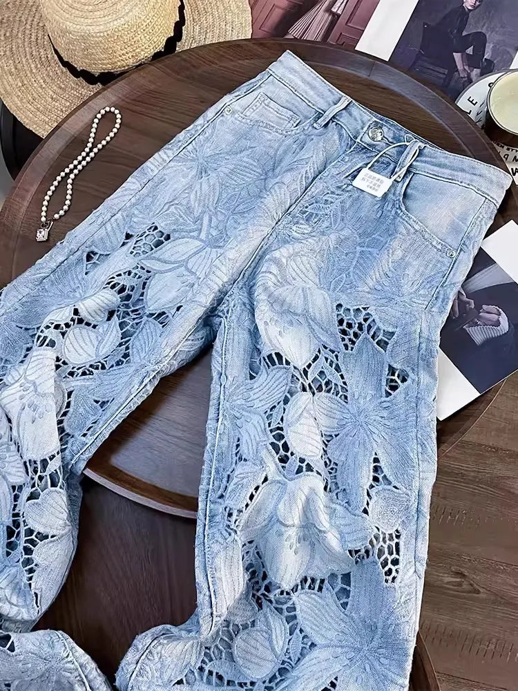 Women's Floral Embroidery Wide Leg Jeans | High Waist Lace-Spliced Summer Pants | Breathable Hollow Out Denim