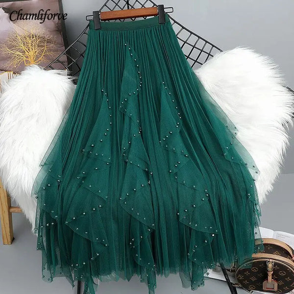 Chamliforve Women's Tulle Fairy Skirt | Empire Waist Ankle-Length Tutu | Beaded A-Line Mesh Skirt (One Size)