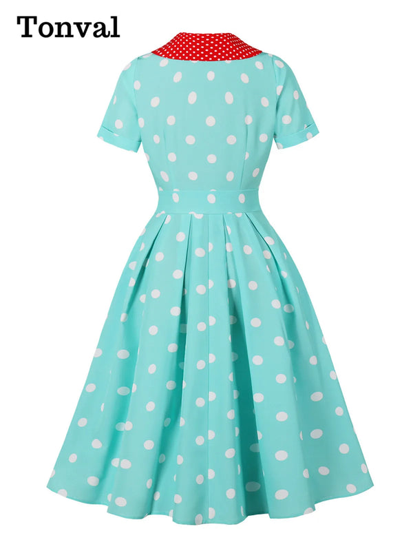 1950s Vintage Polka Dot Dress | Contrast Lapel Midi Dress with Button Front - Women's Retro Summer Party Dress