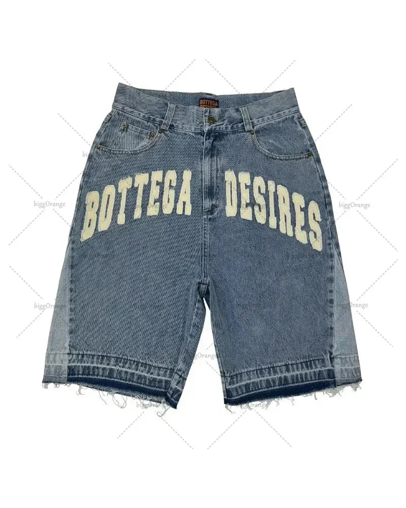 Bottega Desire Wide-Leg Denim Shorts: Distressed Embroidery | Unisex Hip-Hop Streetwear | High Waist Loose Fit Jeans