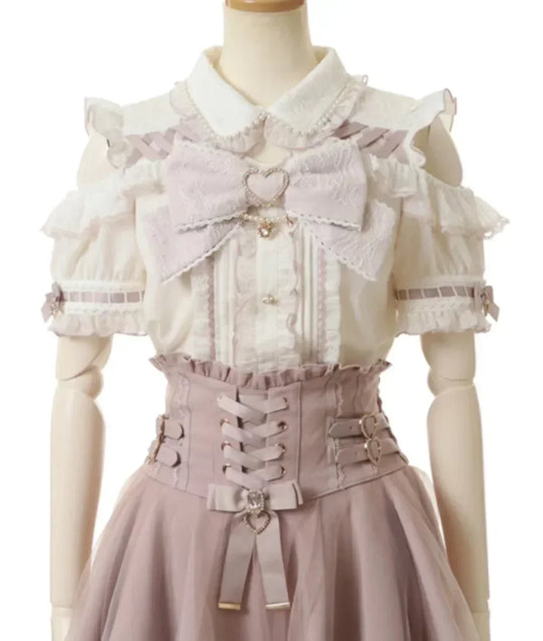 Japanese-Style Summer Off-Shoulder Bow-Tie Short Sleeve Top & High-Waist Skirt 2-Piece Set for Women
