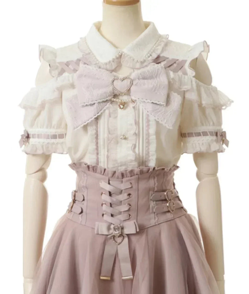 Japanese-Style Summer Off-Shoulder Bow-Tie Short Sleeve Top & High-Waist Skirt 2-Piece Set for Women
