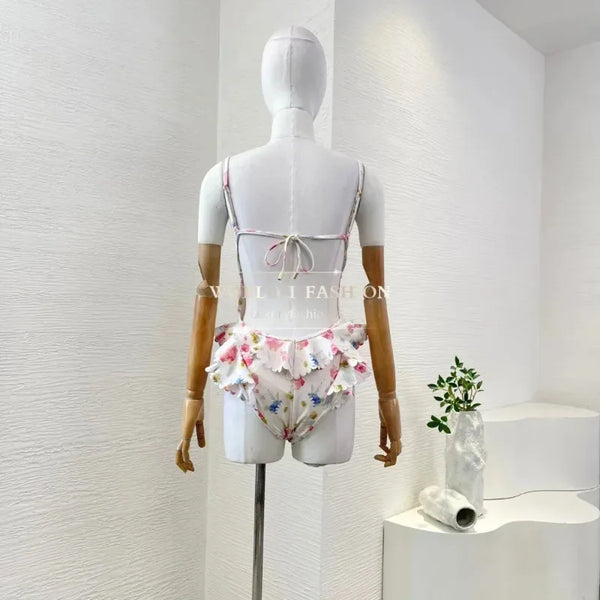 Women's Floral Lace-Up Bodysuit – Sleeveless Stretch Swimwear with Adjustable Back Tie, Beach Style One-Piece 2025