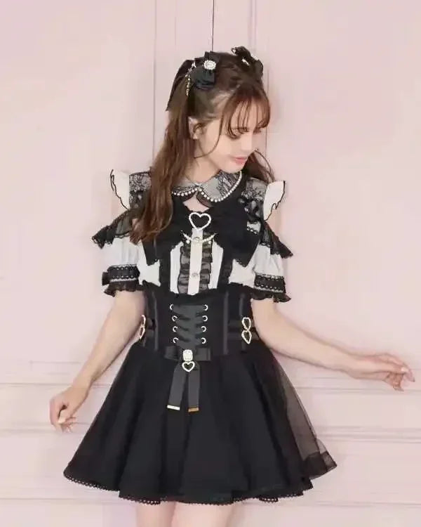 Japanese-Style Summer Off-Shoulder Bow-Tie Short Sleeve Top & High-Waist Skirt 2-Piece Set for Women