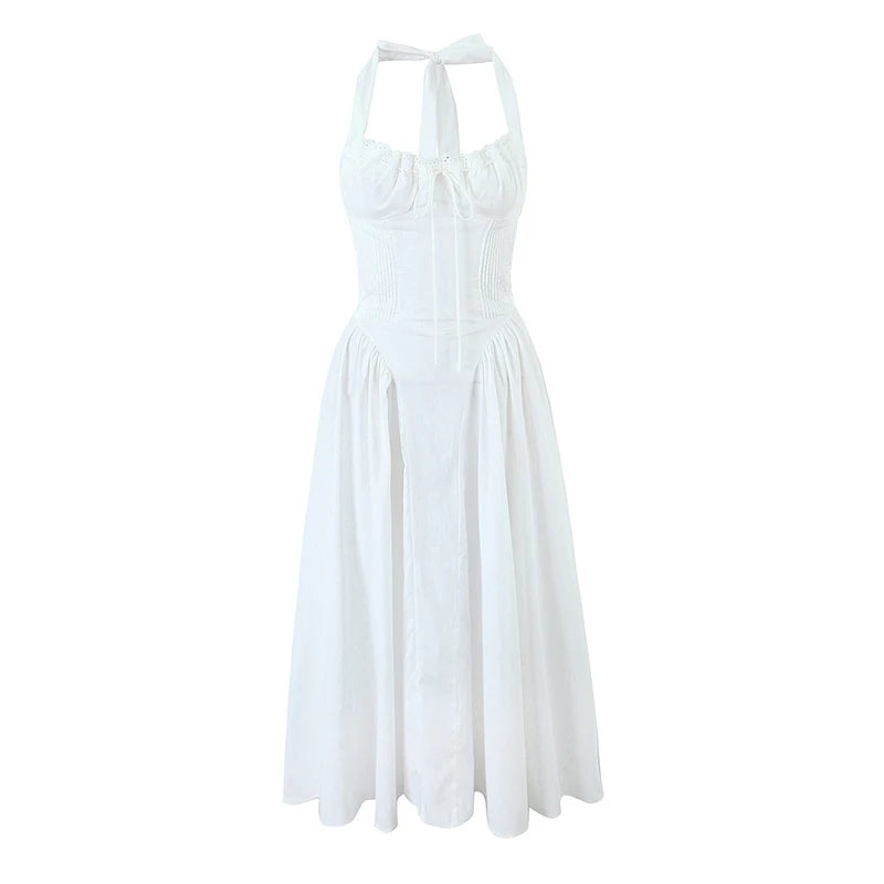 Backless Halter Midi Dress | Floral Lace Trim Dress with Low Waist - Women's Sexy Summer Party Dress