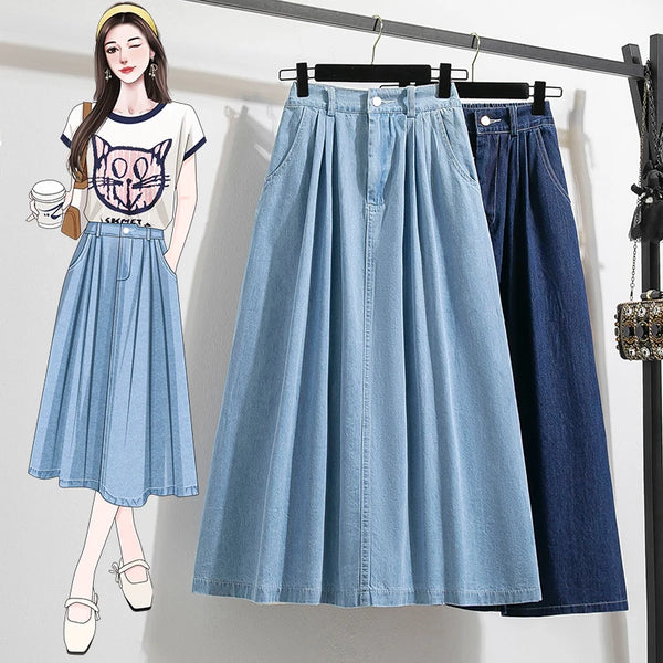 Plus Size Korean Denim Skirt | 2025 Empire Waist A-Line | Adjustable Length Pleated Maxi Skirt