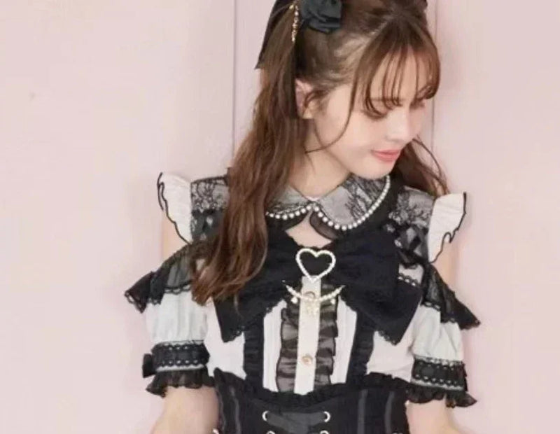 Japanese-Style Summer Off-Shoulder Bow-Tie Short Sleeve Top & High-Waist Skirt 2-Piece Set for Women