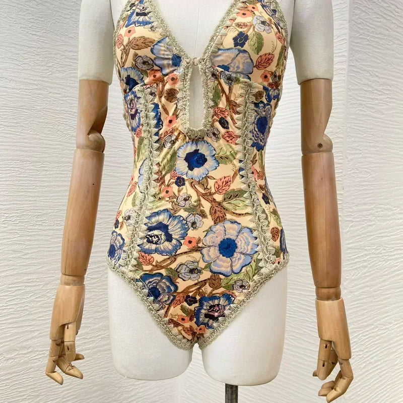 Floral Print Sleeveless Lace-Up Bodysuit – Stretchable Self-Tie Back One-Piece Swimsuit for Women 2025
