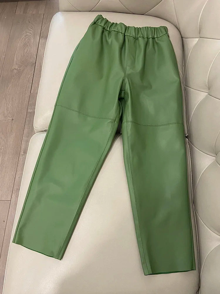 Women's Genuine Sheepskin Harem Pants | High Waist Leather Trousers | Elastic Waist Luxury Streetwear