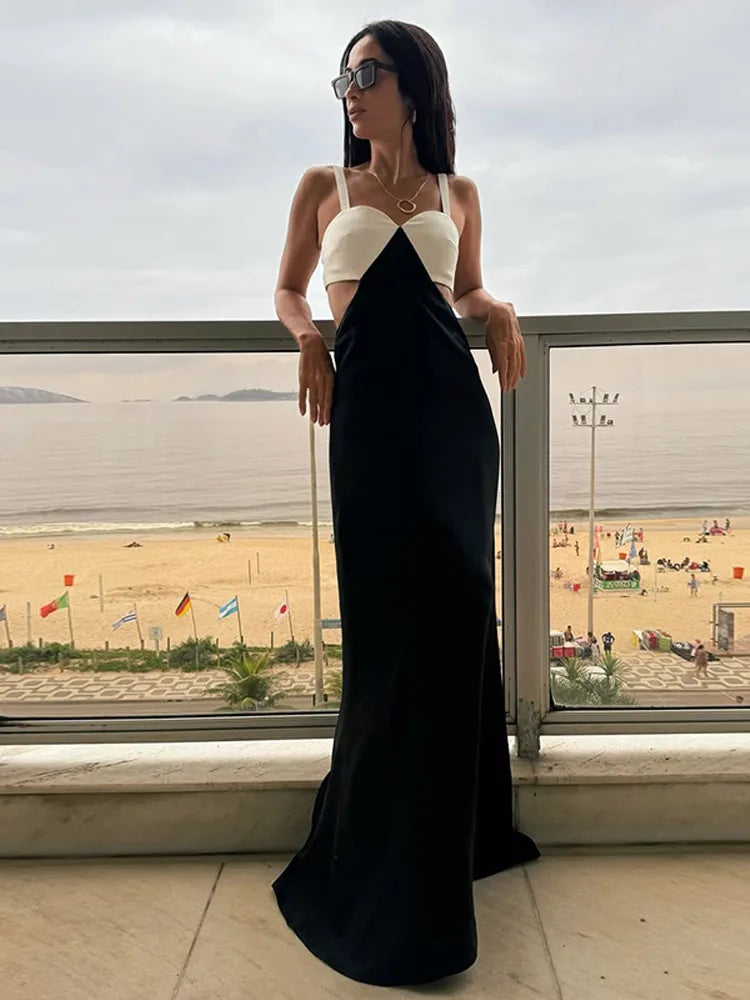 Boho Gauze Maxi Dress | Patchwork Contrast Strap Dress with Backless Design - Women's Empire Waist Party Gown