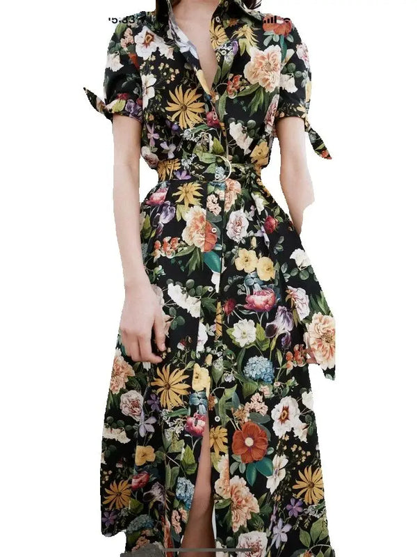 Vintage Floral Midi Dress with Bow Sleeves | Women's Belted Summer Dress - Elegant Button-Down Garden Party Dress
