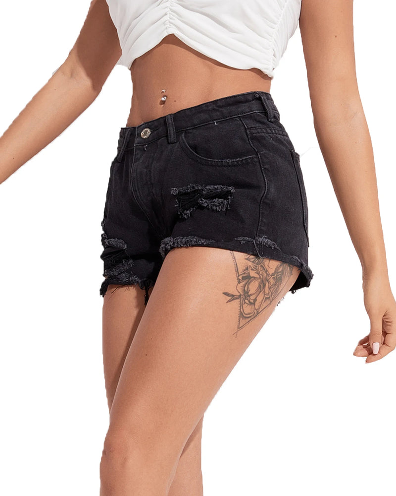 Fitaylor Women's High Waist Ripped Denim Shorts | Black Distressed Cut-Off Shorts | Skinny Fit Summer