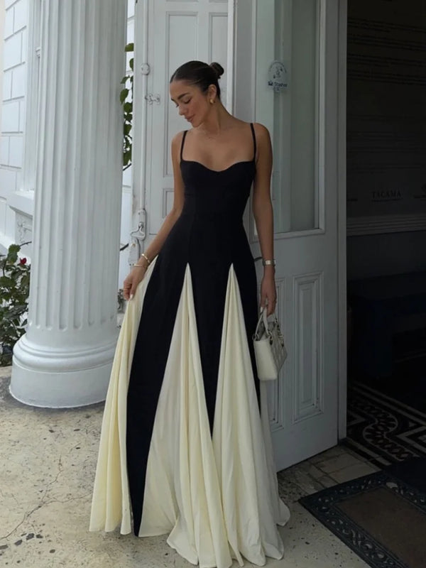 Boho Gauze Maxi Dress | Patchwork Contrast Strap Dress with Backless Design - Women's Empire Waist Party Gown