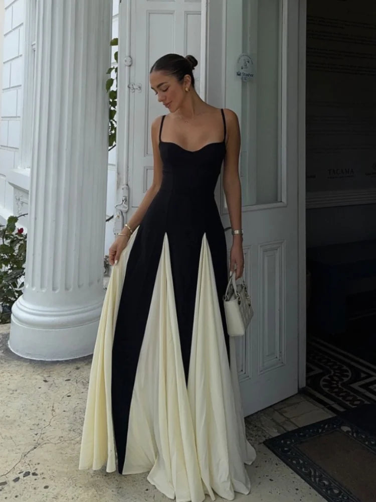 Boho Gauze Maxi Dress | Patchwork Contrast Strap Dress with Backless Design - Women's Empire Waist Party Gown