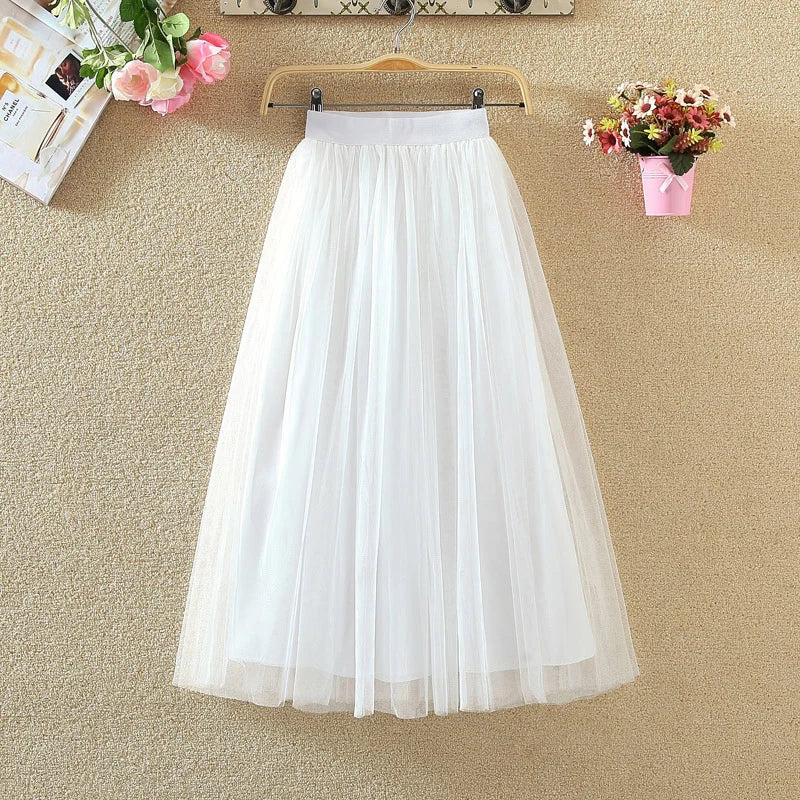 Korean A-Line Tulle Skirt | Empire Waist Mid-Calf Mesh Skirt | Vintage Pleated Streetwear