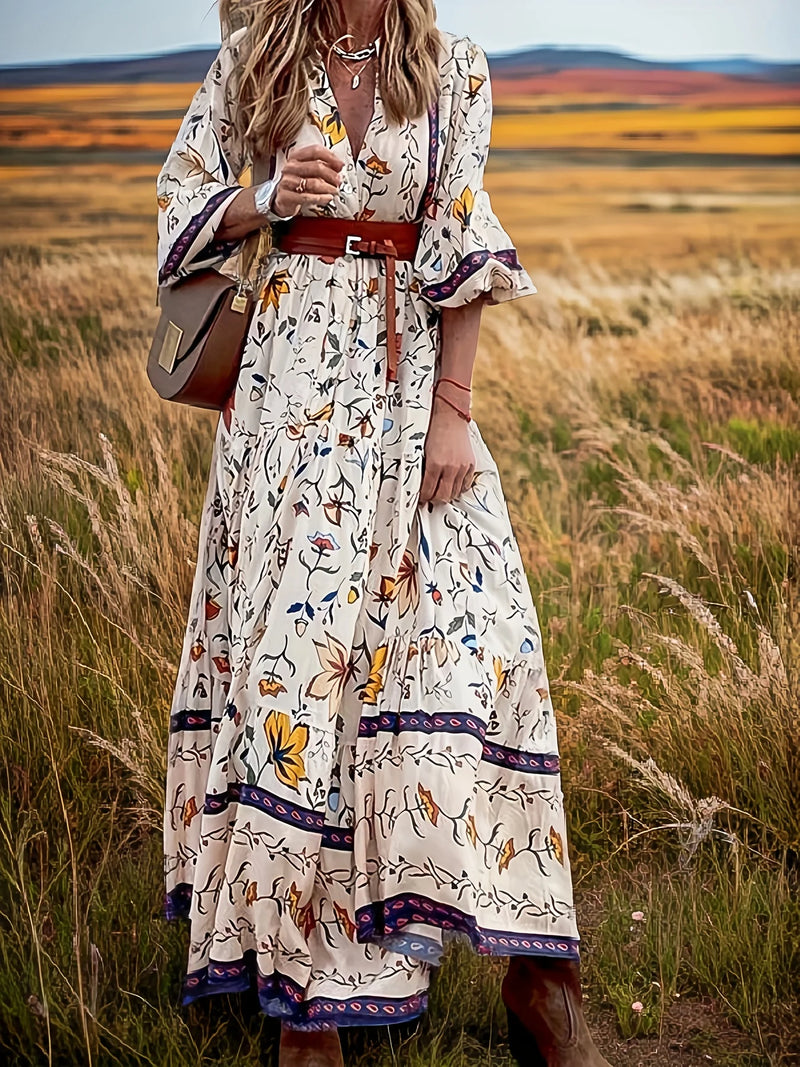 Boho Floral Lantern Sleeve Maxi Dress | V-Neck Ankle-Length Summer Dress with Sash Detail - Beach Cover Up & Vacation Outfit