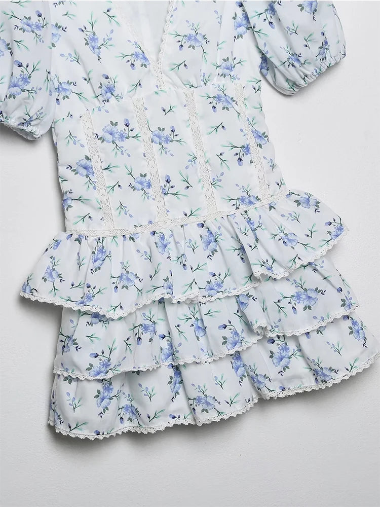 Lace-Embroidered Mini Dress | Floral Prairie Dress with Puff Sleeves - Women's Layered Ruffle Summer Dress