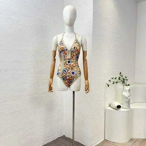 Floral Print Sleeveless Lace-Up Bodysuit – Stretchable Self-Tie Back One-Piece Swimsuit for Women 2025