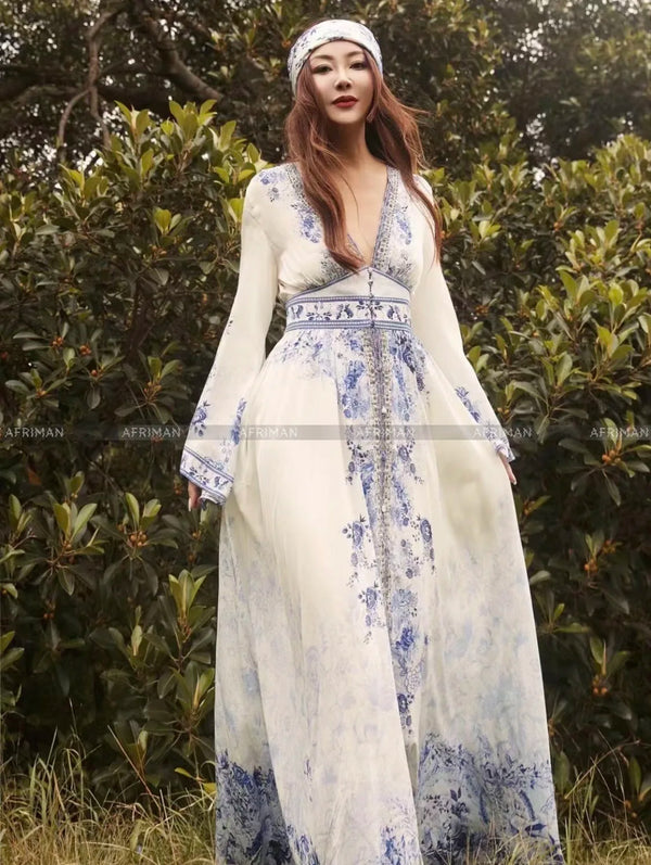 Artisan Blue-White Porcelain Maxi Dress: Crystal-Beaded Silk Gown with Dramatic Flare Sleeves
