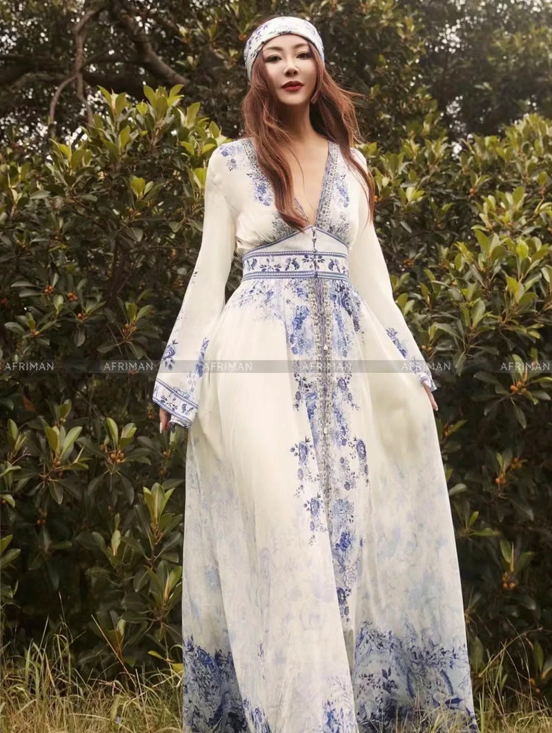 Artisan Blue-White Porcelain Maxi Dress: Crystal-Beaded Silk Gown with Dramatic Flare Sleeves