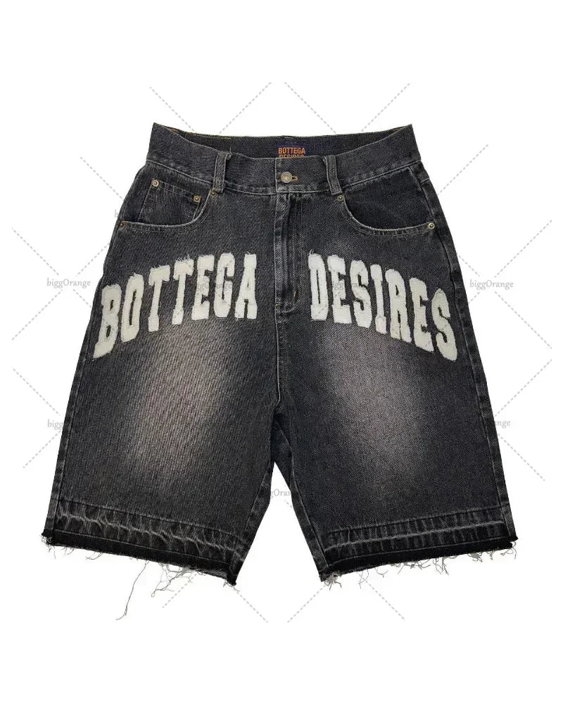 Bottega Desire Wide-Leg Denim Shorts: Distressed Embroidery | Unisex Hip-Hop Streetwear | High Waist Loose Fit Jeans